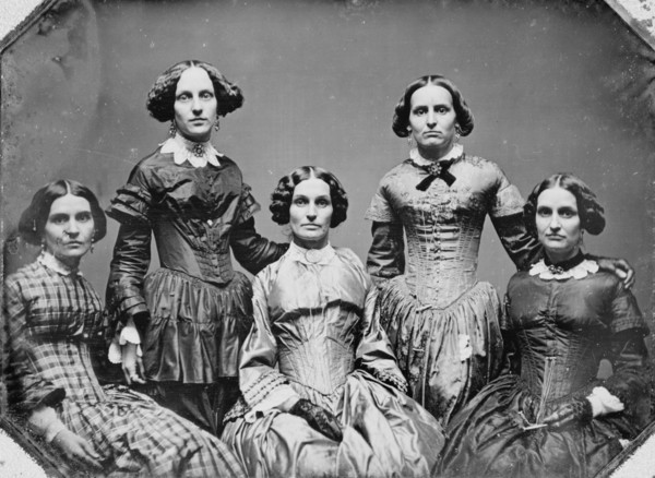 Clark sisters, five women, three-quarter length portraits, all facing front, between 1840 and 1860. Creator: Unknown.