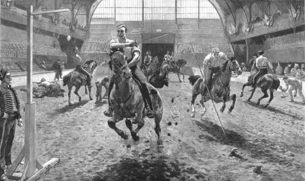 'Rehearsing for the Royal Military Tournament at the Agricultural Hall, Islington', 1886.  Creator: W Small.