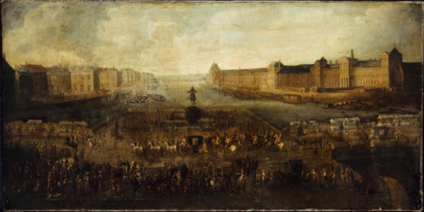 Pont-Neuf, seen from entrance to Place Dauphine, the Malaquais quay with..., between 1660 and 1670. Creator: Unknown.
