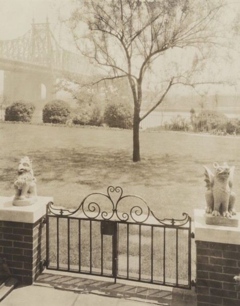 View of Queensborough Bridge from Terrace at home of Miss Anne Morgan, 3 Sutton Pl. NY, 1926. Creator: Frances Benjamin Johnston.