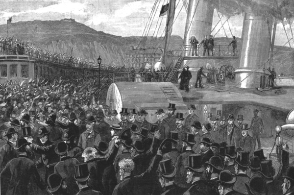 ''The Return of Mr. H.M. Stanley; Once more on English Soil-- Arrival of Staley at the Admiralty Pie Creator: Unknown.