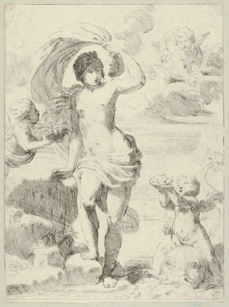 Venus stepping out of the sea, holding a billowing drapery in her left hand, Cupid.., ca. 1600-1640. Creator: Anon.