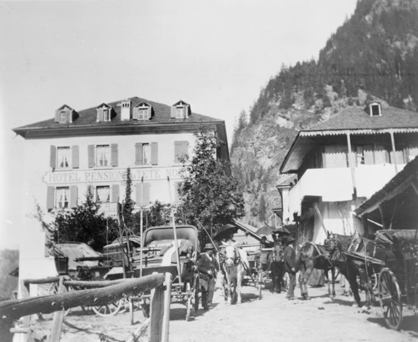 Hotel Pension de la Tete Noire, somewhere in Europe, with horses and carriages..., c1900. Creator: Frances Benjamin Johnston.