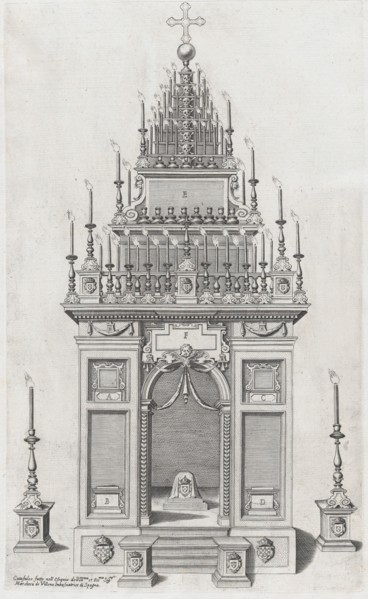 Design of the catafalque for the exequies of the Marchesa di Villena in San Giacomo degli ..., 1604. Creator: Anon.