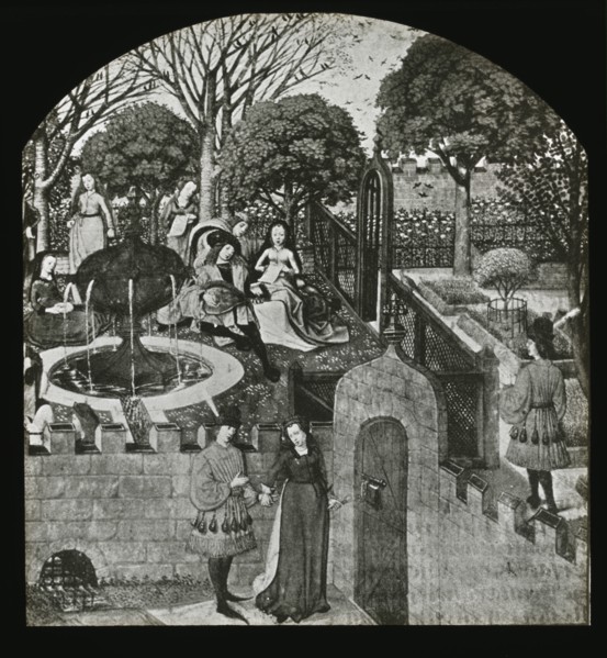 Reproduction of illustration showing an enclosed garden, between 1915 and 1925. Creator: Frances Benjamin Johnston.