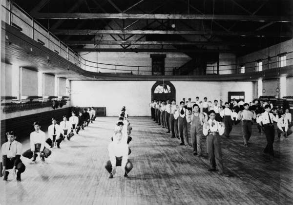 Male Native American students in physical education class, Carlisle..., Pennsylvania, c1901 - 1903. Creator: Frances Benjamin Johnston.