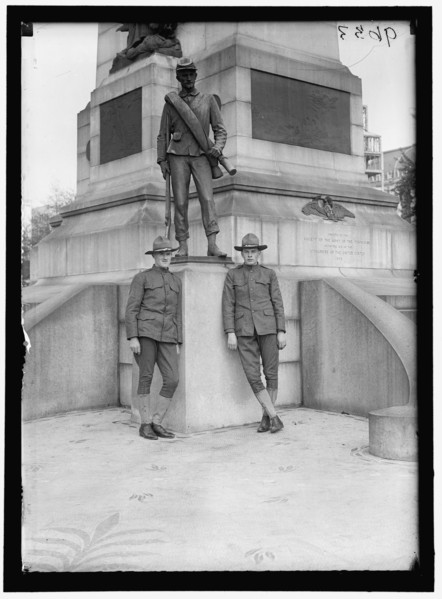 Men in uniform at Sherman Monument, Washington, D.C., between 1916 and 1918. Creator: Harris & Ewing.