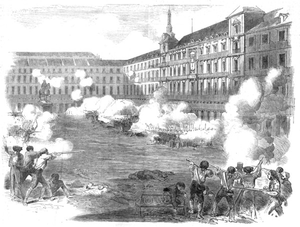 The Insurrection in Madrid - Conflict in the Plaza Mayor, 1854. Creator: Unknown.