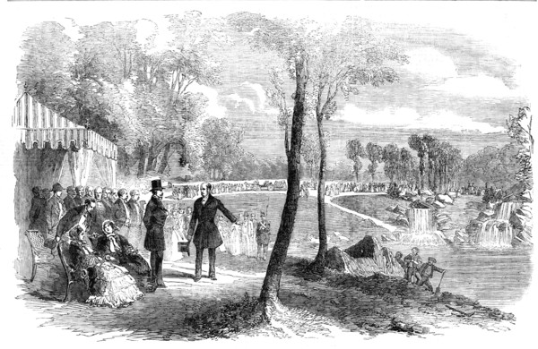 Inauguration of the Cascades, in the Bois de Boulogne, Paris, by the Emperor and Empress of..., 1854 Creator: Unknown.