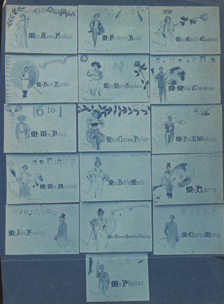 Photograph of 16 place cards drawn by Mills Thompson for artists, musicians, and actors..., 1896. Creator: Frances Benjamin Johnston.