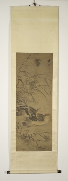 Two ducks under reeds.