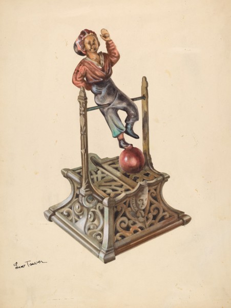 Metal Toy Bank: Boy on Bar, c. 1937.