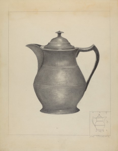 Pewter Covered Water Pitcher, c. 1936.