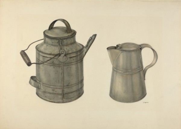 Zoar Tin Coffee Pot and Pail, c. 1938.
