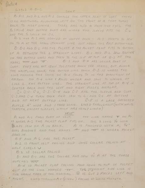 Written Instructions for Making Suit, c. 1938.