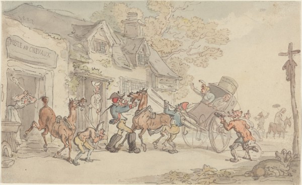 Changing Horses at a Post House in France, c. 1790.