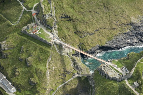 Construction of new Tintagel Castle footbridge, Cornwall, 2019.