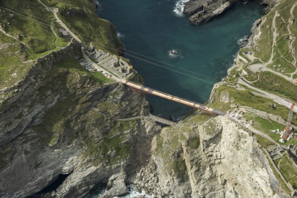 Construction of new Tintagel Castle footbridge, Cornwall, 2019.