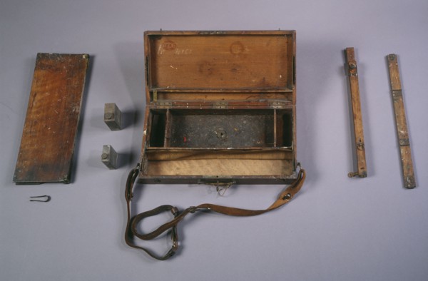 Paint box with removable easel and folding palette, before 1932.