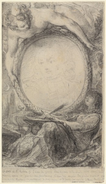 Allegorical Frame with a Genius and a Veiled Woman Writing, c. 1769.