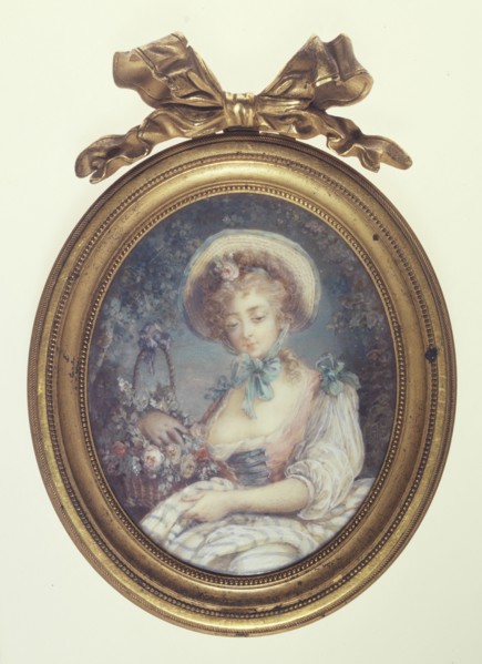 L'Aimable Paysanne, c.1780. Woman wearing bonnet, with basket of flowers.