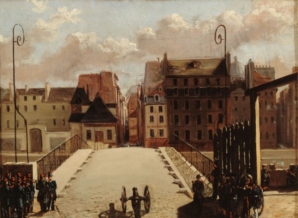Pont de l'Archevêché guarded by troops during the 1848 revolution. Creator: Unknown.