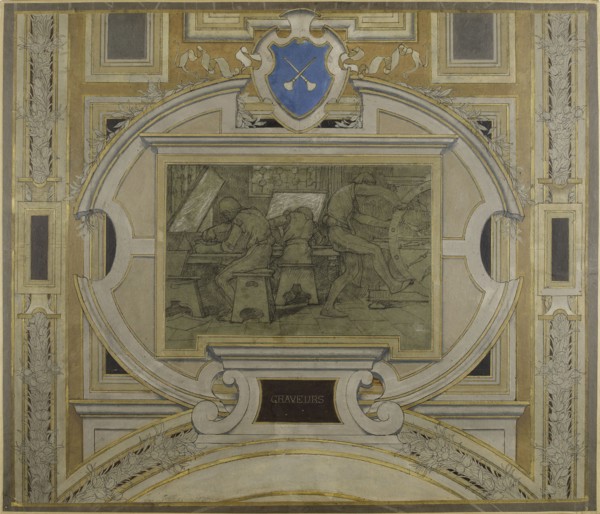 Esquisse pour la galerie des Métiers de l'Hôtel de Ville : Graveurs, 1890. Engravers.