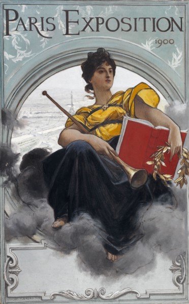 Paris Exposition 1900, 1900. Allegorical figure with laurel wreath, book and trumpet.