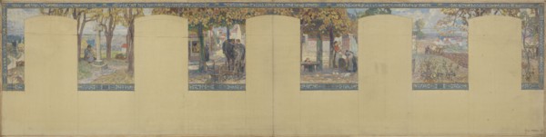 Esquisse pour la mairie de Fresnes : Paysage. Scènes de village, 1905. Village scenes.