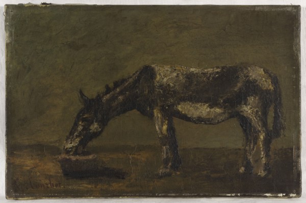 L'âne, between 1862 and 1863. A donkey seen in profile eats its oat ration in a feeder.