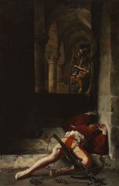 Le Guet-apens, 1869. The Ambush. Man lying injured or dead, with a crossbow and arrows.