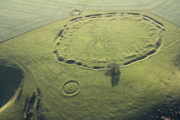 Unfinished Early Iron Age univallate hillfort earthwork situated on Ladle Hill, Hampshire, 2017.
