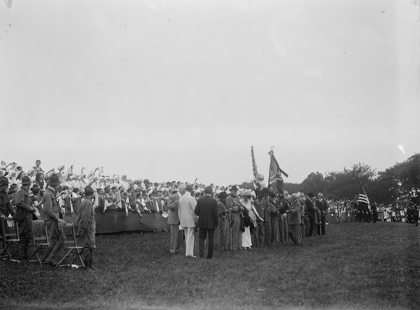 Confederate Reunion - Colors On Mall, 1917. Old soldiers with confederate flag in Washington, DC.