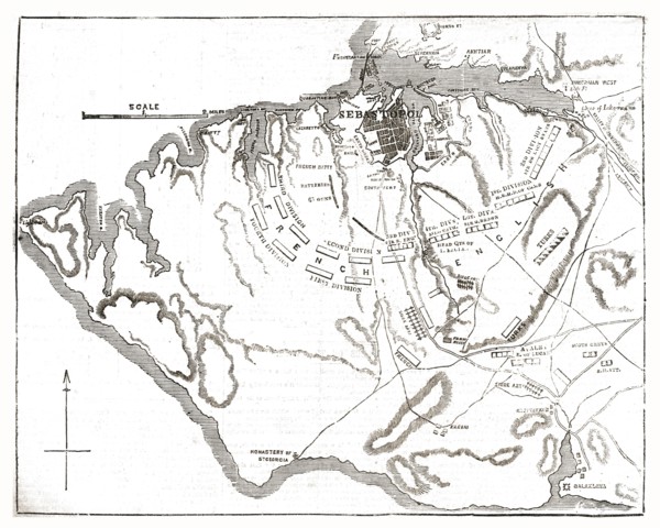'Chart showing the relative positions of the batteries and Allied Forces around Sebastopol', 1854. Creator: Unknown.