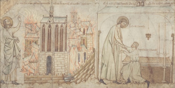 Saint Éloi saves Saint-Martial church on the Île de la Cité from a fire. Saint Eloi cures..., c1250. Creator: Unknown.