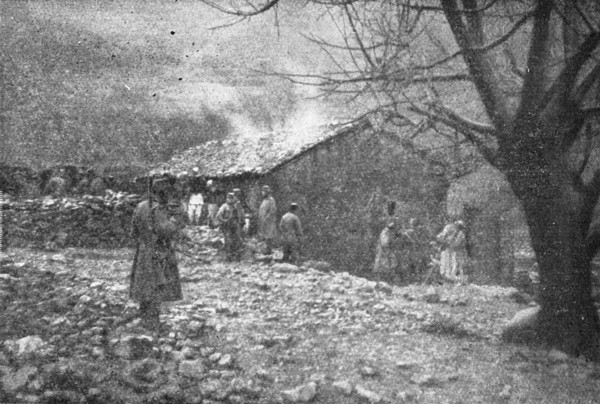 'Episodes de la retraite de la IIIe armee; La masure albanaise ou le vieux roi Pierre..., 1916. Creator: R. Marianovitch.