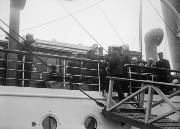 Allied Commission To U.S. Boarding Mayflower For Trip To Mount Vernon: Daniels on board..., 1917. Creator: Harris & Ewing.