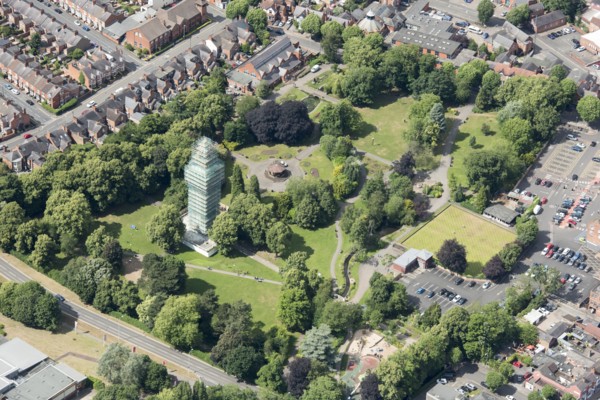 Queen's Park and The Carillion Tower undergoing consevation work, Loughborough, Leicestershire, 2018.