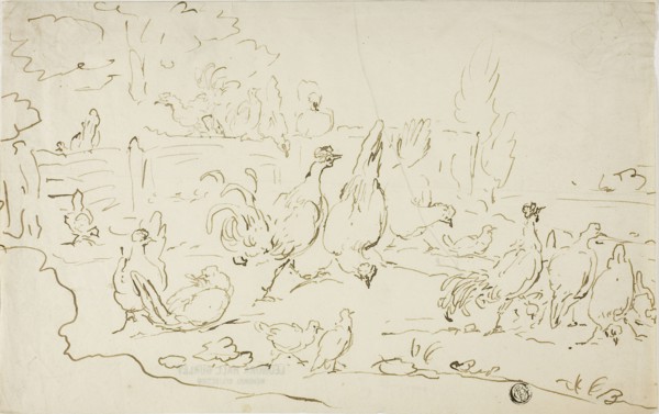 Chickens and Roosters in Yard, n.d.