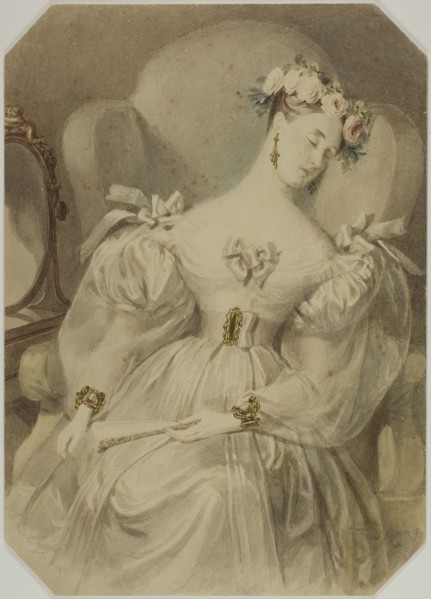 Woman in Evening Dress Asleep in Armchair, c. 1840. Attributed to Alfred Edward Chalon.