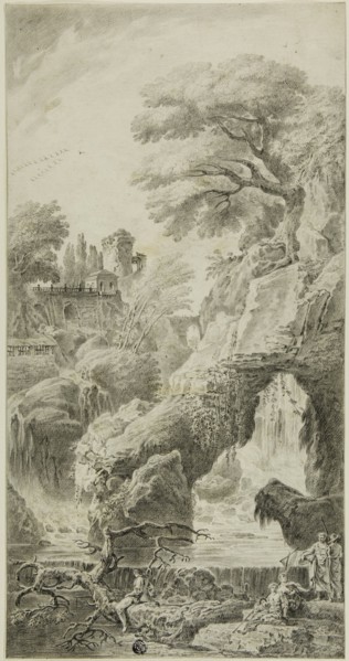 Figures in a Rocky Landscape with Waterfall, n.d. Attributed to Johann Samuel Bach.