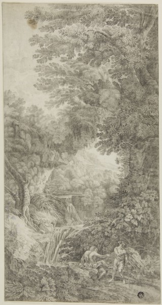 Forest Scene with Waterfall and Two Figures, n.d. Attributed to Johann Samuel Bach.