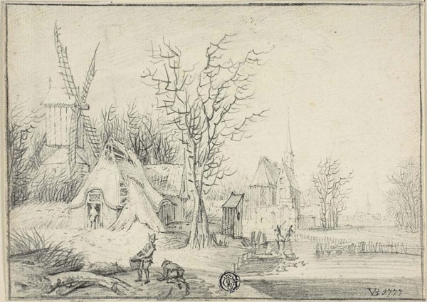 Village with Windmill and Church, 1777. Attributed to Paul Theodor van Brussel.