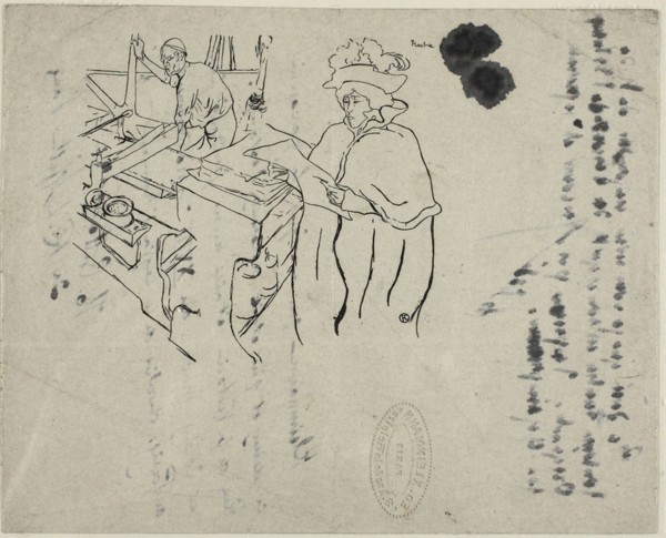 Cover of L'Estampe originale, with notes, 1893. The dancer Jane Avril peruses one of Père Cotelle's prints.