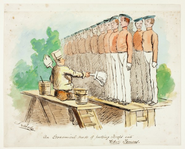 An Economical Mode of Putting Troops into White Trousers, 1840/50. Creator: John Leech.