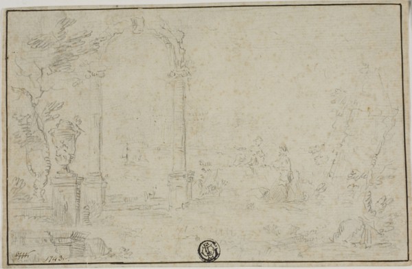 Ruins in a Park, Two Figures, n.d. Style of Francesco Guardi.