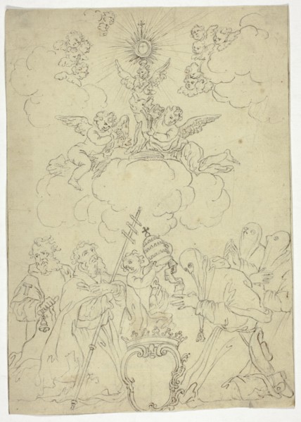 Untitled, n.d. Kneeling figures, putti with papal tiara.