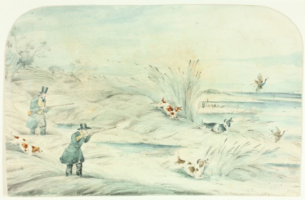 Hunt Crossing Stream Shooting Ducks, c. 1888. Attributed to Henry Alken.