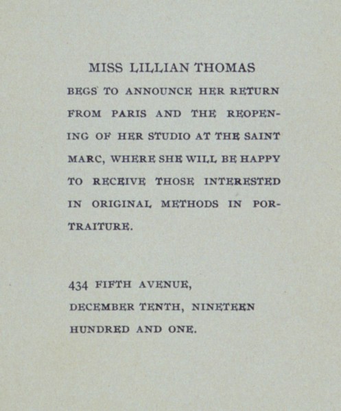 Miss Lillian Thomas begs to announce her return from Paris . . ., c1900. Creator: Unknown.