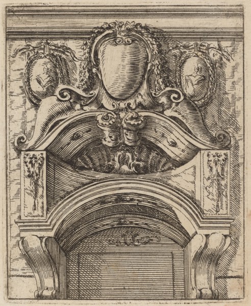 Architectural Motif with Three Shields, Two with Figures, c. 1690.